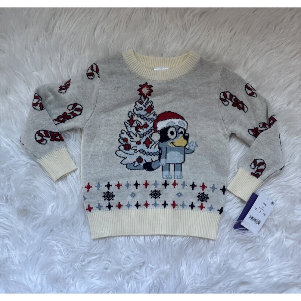 Bluey Christmas Tree Sweater Hooray Holiday Crew Neck Cream, Size 18 months